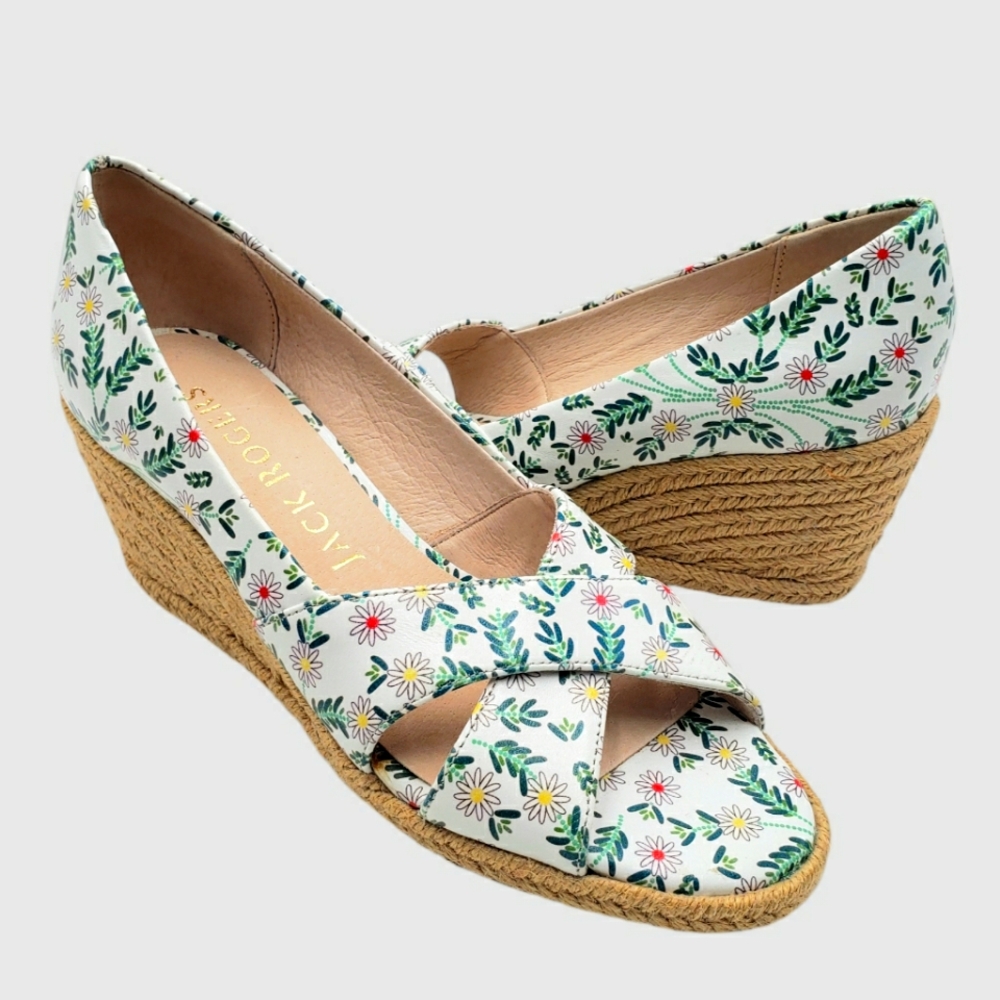 New Jack Rogers Womens 5.5 Palmer Criss Cross Wedge Floral White Green nwot